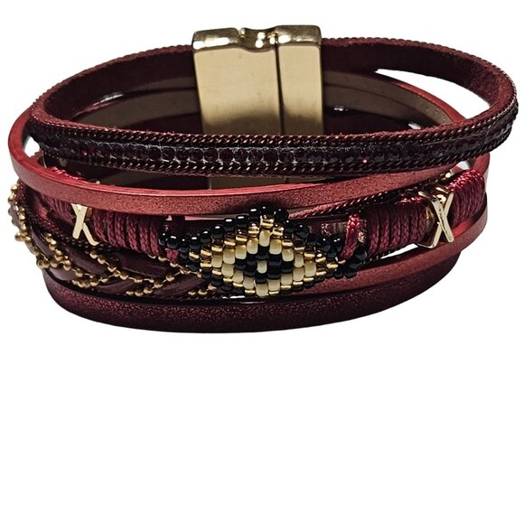 Boho Handmade Red Multi Layer Leather Stacked Bracelet Beaded Design Jewelry - Picture 1 of 7